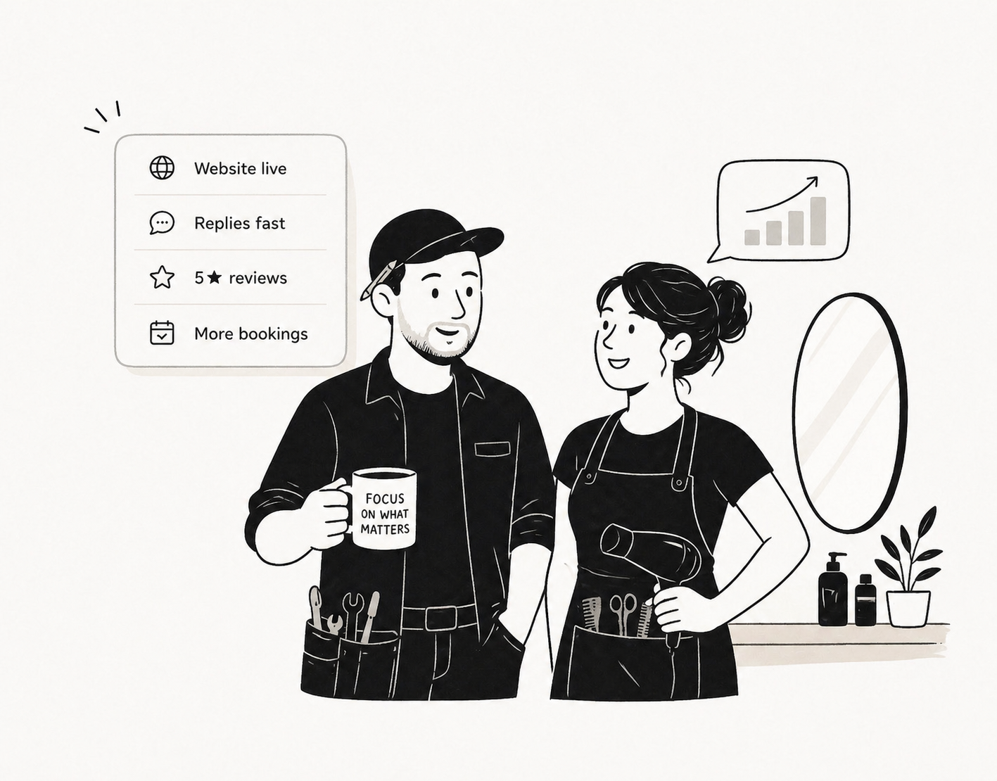 Small business owner working at a laptop with website live, fast replies, 5-star reviews and more bookings